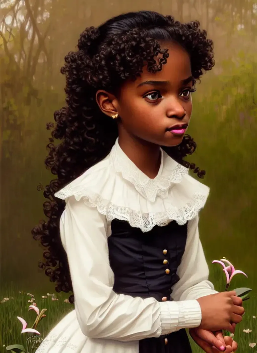 Prompt: portrait of a adorable cute black school girl, cute little nose, tight curls, sparkling brown eyes, coy, flirty, satin dress with fine lace, lillies, highly detailed, realistic, digital painting, artstation, smooth, sharp focus, artgerm, greg rutkowski, alphonse mucha, cgi