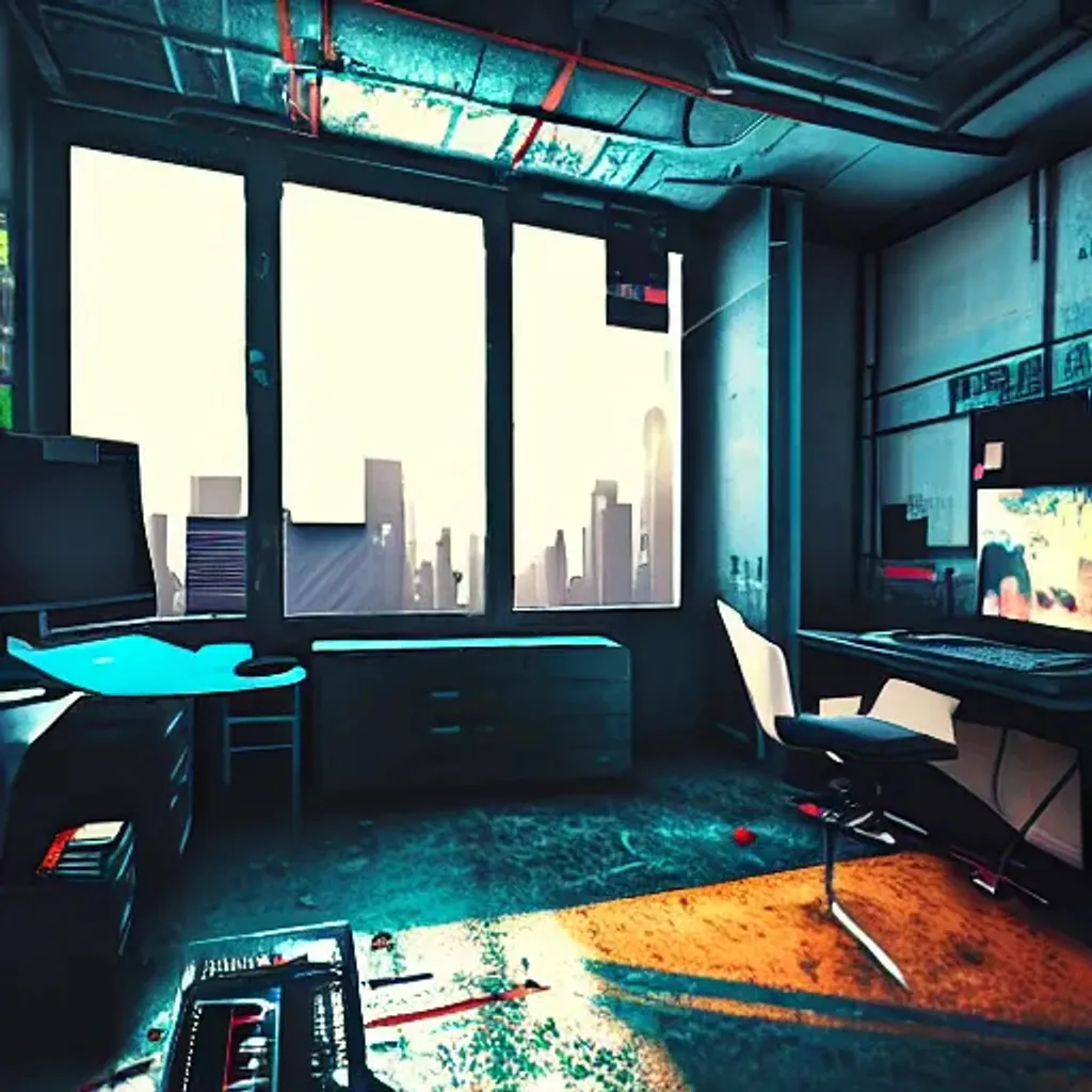 Prompt: cyberpunk room, messy bed, computer in corner, city outside