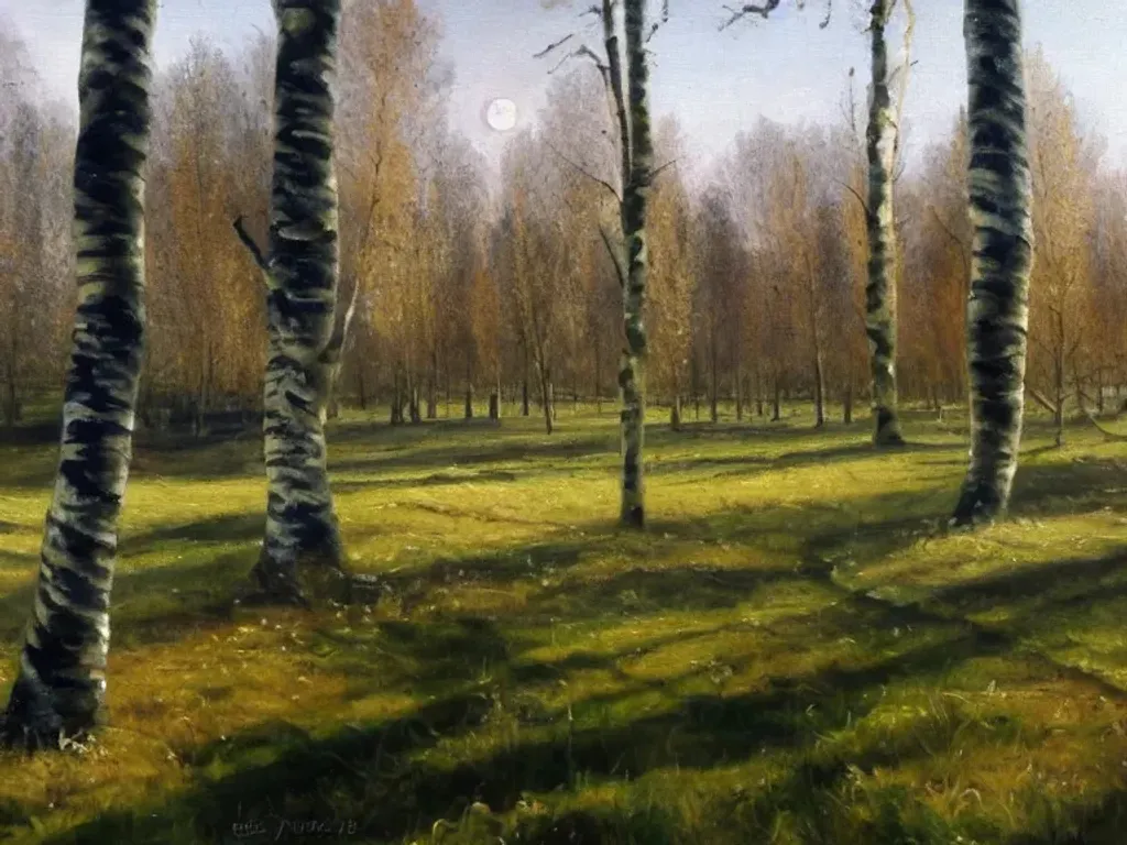 Prompt: Green park with birch trees at beautfiul sunrise, highly detailed oil painting