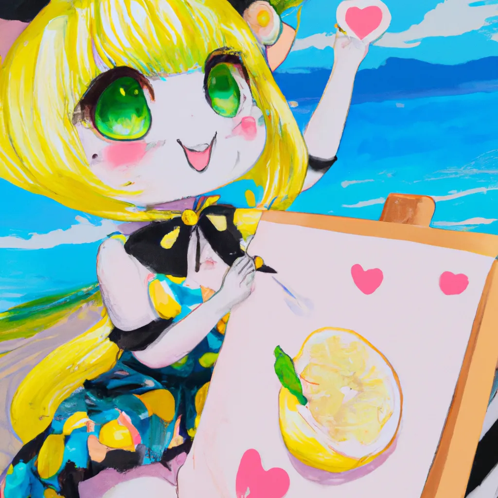 Prompt: Cute anime Hatsune Miku  lemon cat girl  with kawaii face wearing a love lemon dress with lemon berets is painting  me on a painting board on the beach