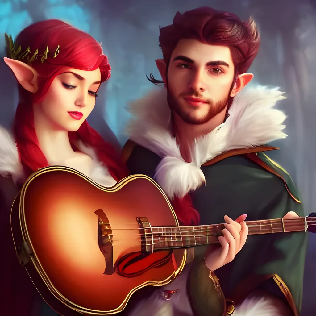 Prompt: handsome young bard serenading an absurdly beautiful elf in the style of artgerm, rutkowski, unreal engine, full of colour, cinematic lighting, trending on artstation, 4 k, hyperrealistic, focused, extreme details, unreal engine 5, cinematic, masterpiece