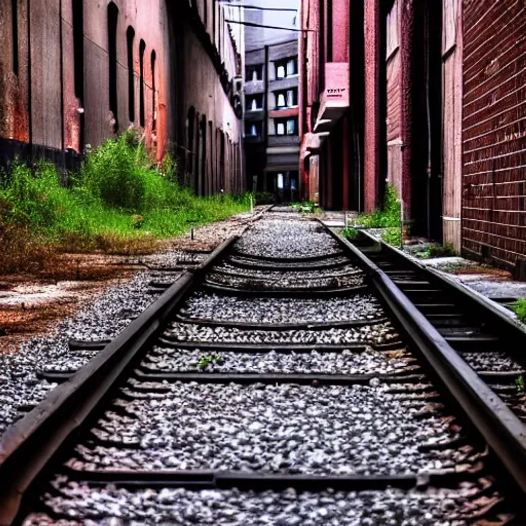 Prompt: abandoned railway in city alley, concrete ground with garbage, brick buildings, low light