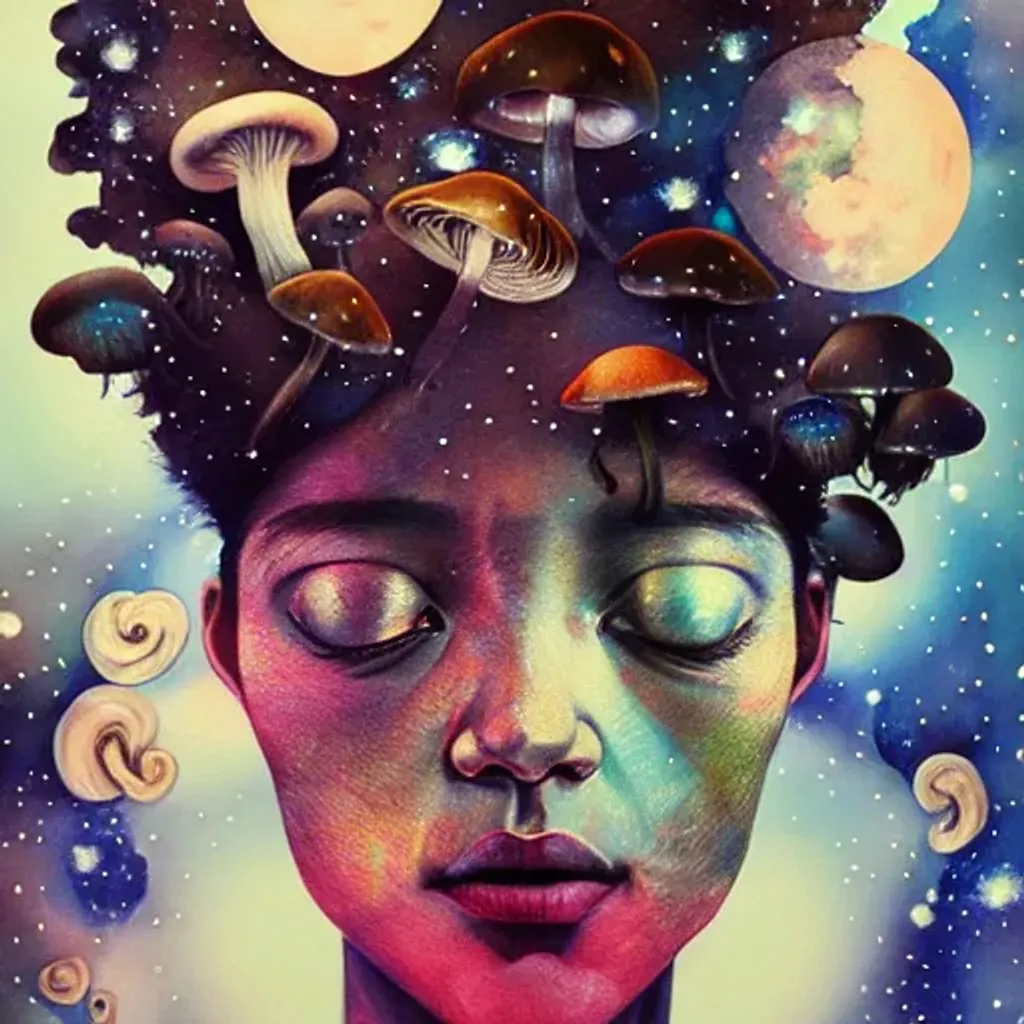 Prompt: fabric portrait by Ryan Hewett, Beautiful woman with dark brown skin, mushrooms growing out of her hair, hq, fungi, celestial, portrait, victo ngai, moon mushrooms, galaxy, moon, stars 