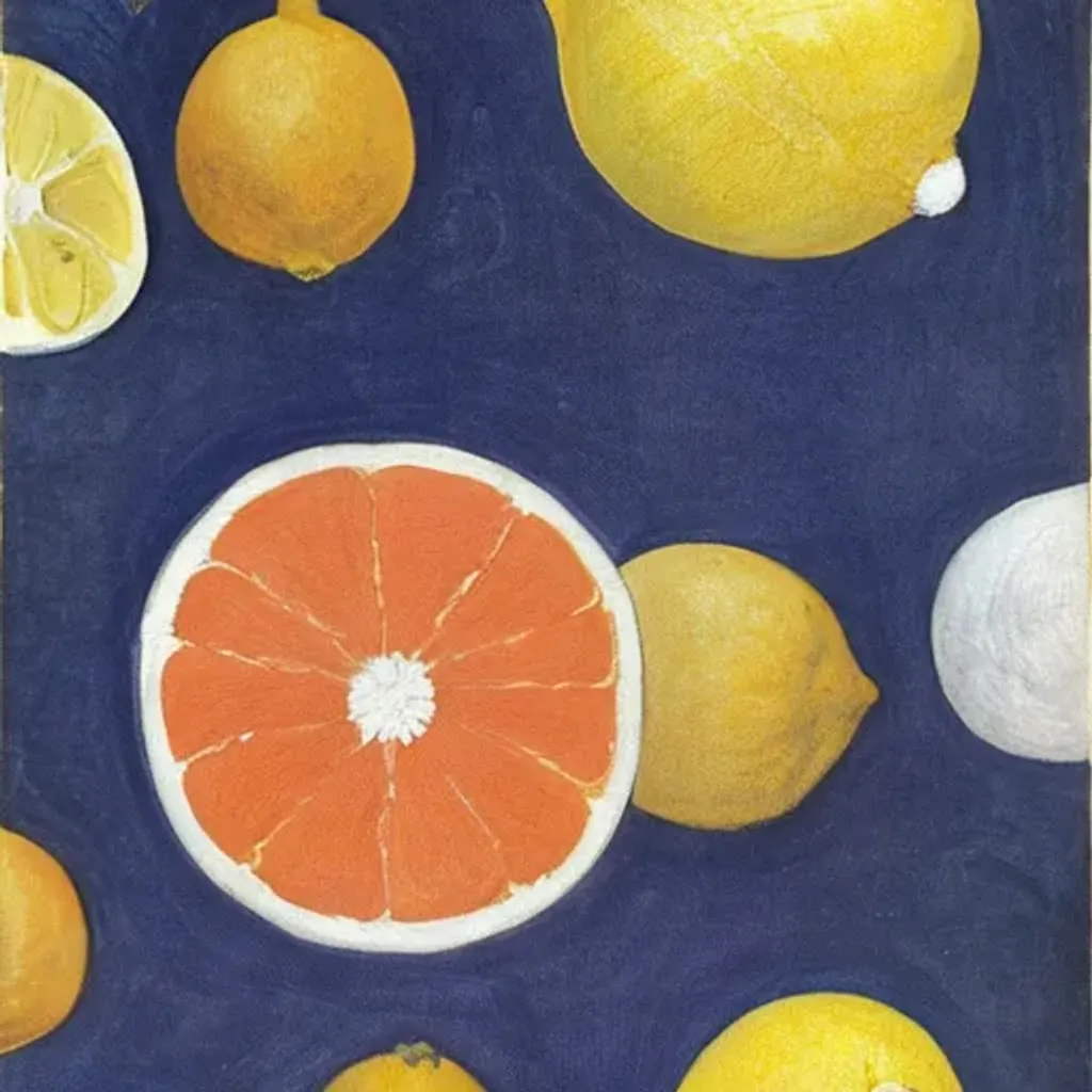 Prompt: lemons and an orange. By [Hilma af Klint|Ethel Carrick Fox]. Fabric print