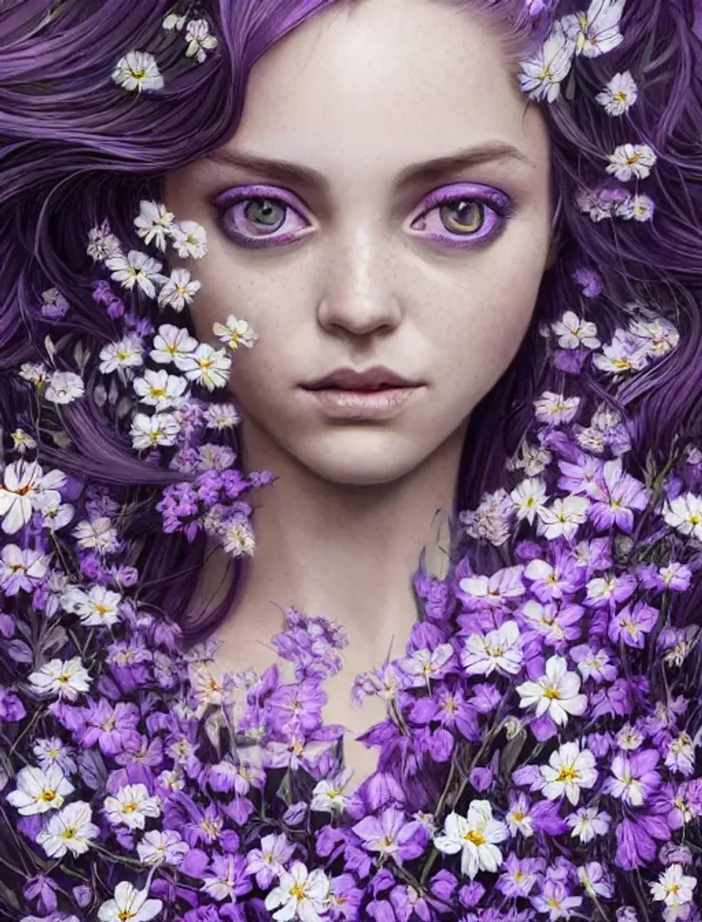 Prompt: Portrait of {woman} with {purple} hair and with cute face, {white and purple flowers}, perfect composition, hyperrealistic, super detailed, 8k, high quality, trending art, trending on artstation, sharp focus, studio photo, intricate details, highly detailed, by greg rutkowski