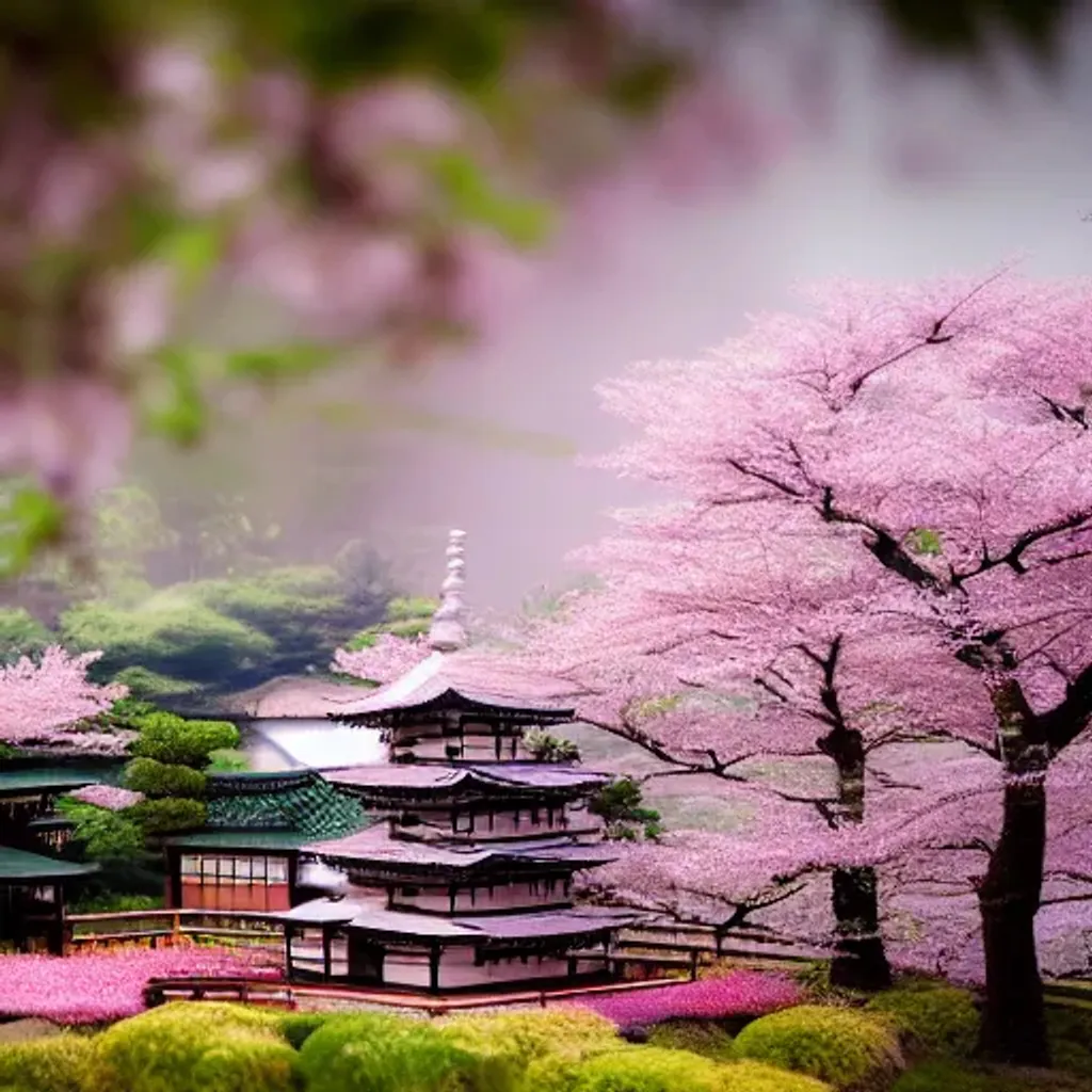 Prompt: miniature world in a box on a desk, cherry blossom trees, fog, Japanese temples, tilt-shift lens, shot on canon 5d, shot on nikon, shot on medium format phase one iq180, ultra realistic,