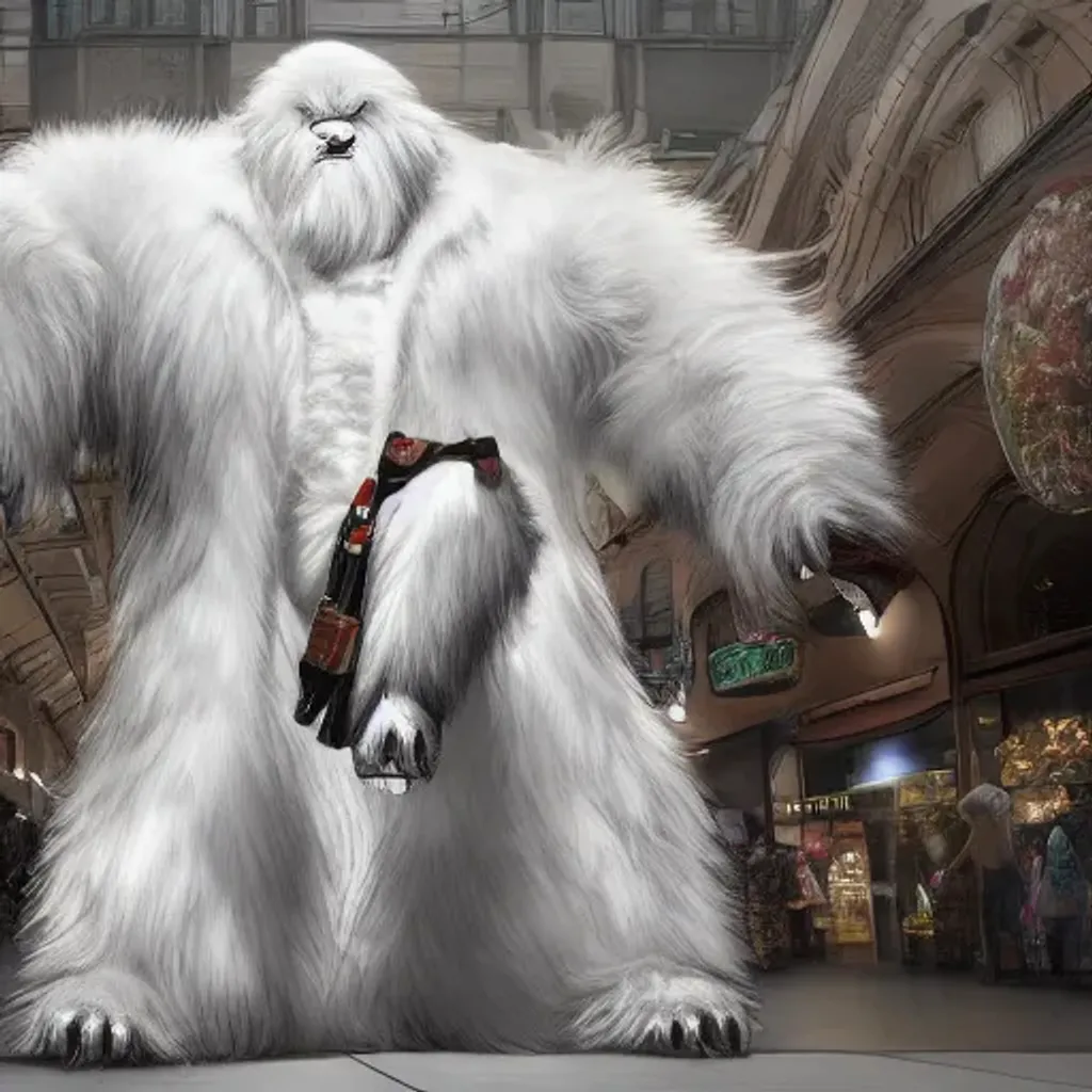 Prompt: Glossy photo of a Yeti in white fur hits the shopping mall in style buying stuff in stores while people are watching him. 8k resolution concept art portrait by Greg Rutkowski, Artgerm, WLOP, Alphonse Mucha dynamic lighting hyperdetailed intricately detailed Splash art trending on Artstation triadic colors Unreal Engine 5 volumetric lighting cool colors, god rays