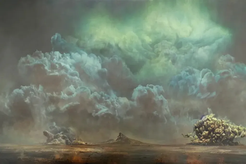 Prompt: nuclear fallout. human despair. painting by Kim Keever and Victor Moscoso