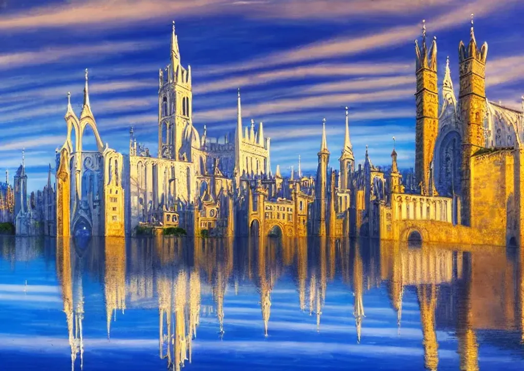 Prompt: An oil painting of a medieval style white city filled with spiraling towers and spires. The city is on the edge of a sparkling lake filled with blue water. Natural lighting. high resolution. HDR. Natural blue sky with cirrus clouds.