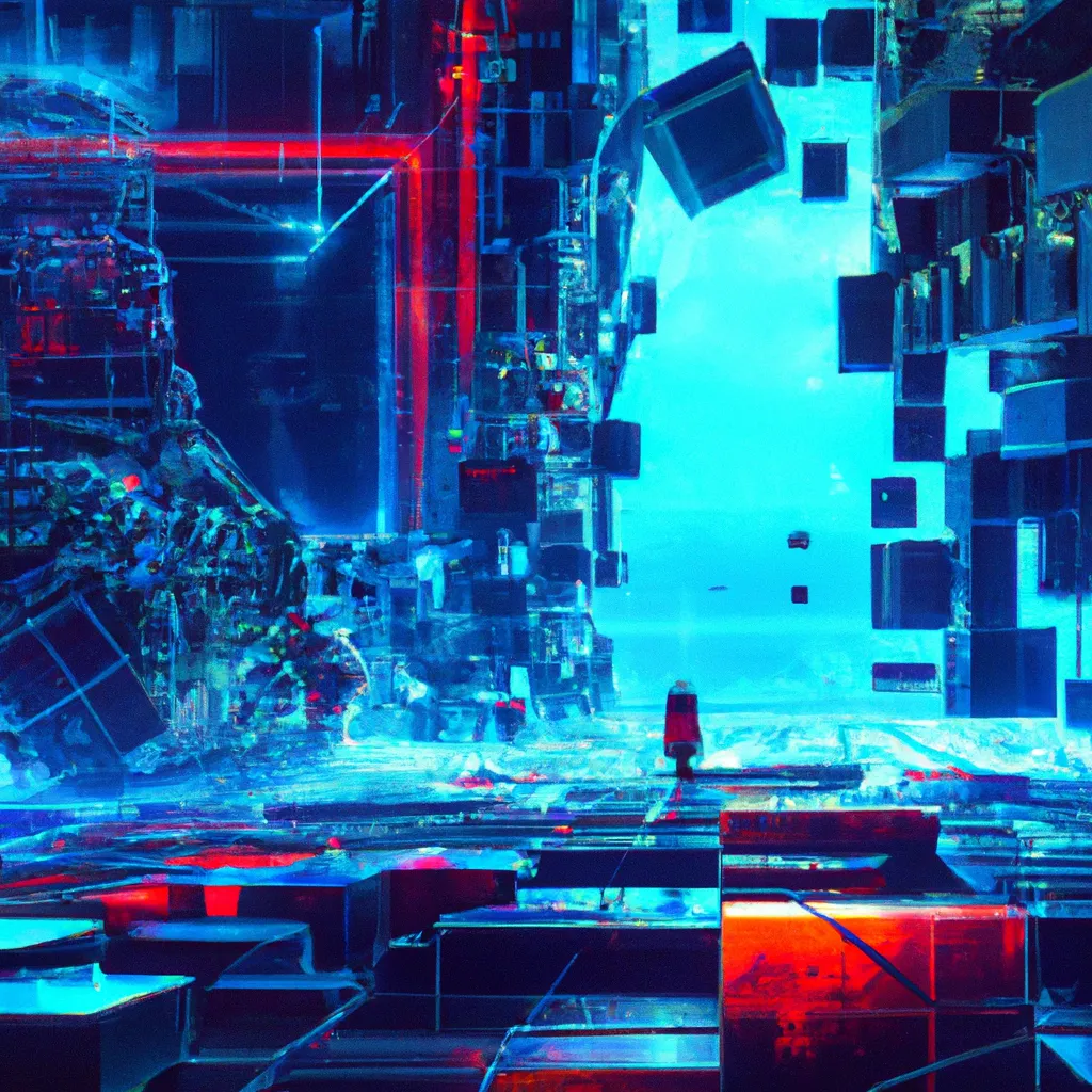 Prompt: Protagonist exploring Blue Cyberspace Dimension, Distant Mainframe Architecture, Tron, Half-Life 2, first-person shooter, made from blue cubes, red dark digital monsters, beautiful science fantasy landscape, cybernetic, surreal, artstation, highly detailed, art by yuumei, concept art, vast, operatic
