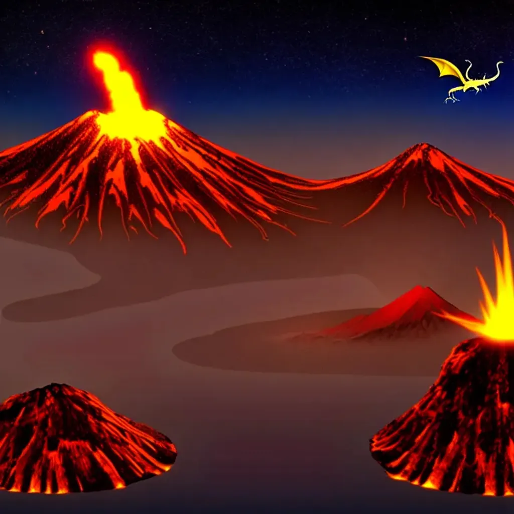 Prompt: realistic Dragon flying above a active volcano on a clear stary night