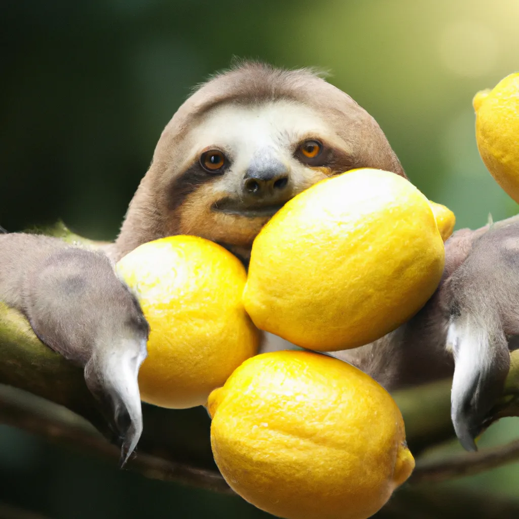 Prompt: A cute sloth holding lemons, professional photograph, high quality, highly detailed, trending