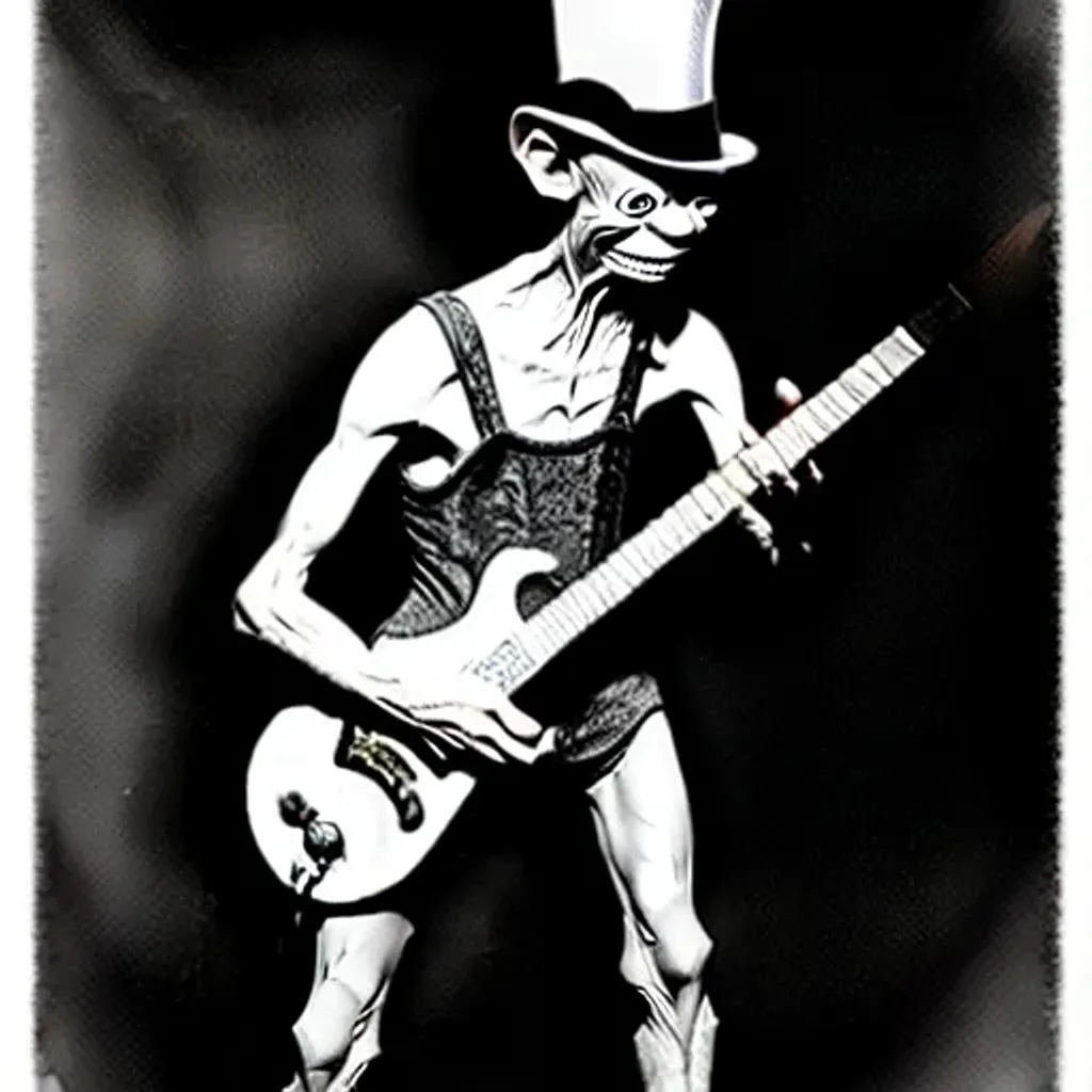 Prompt: Gollum holding the Ring of power while playing an electric guitar and wearing a top hat