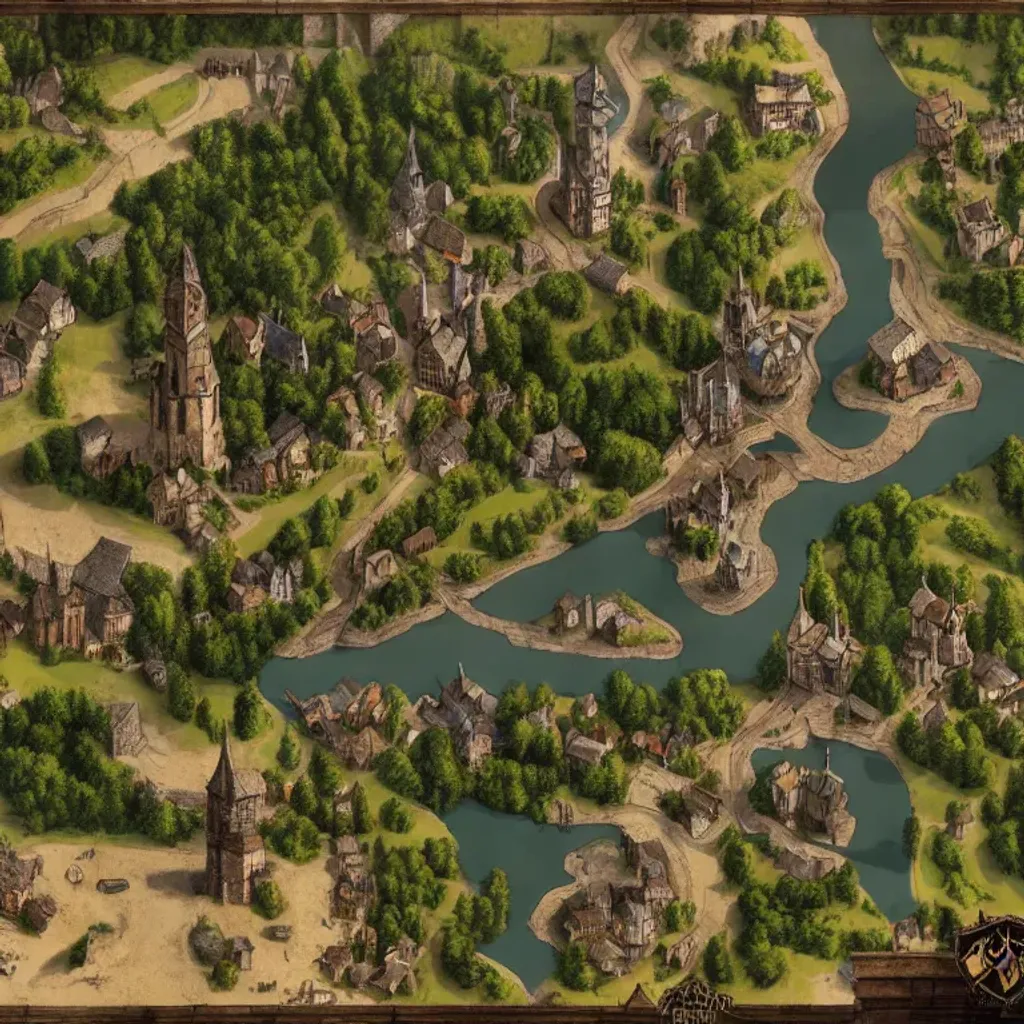 Prompt: medieval village. level design. rpg map. one tower. scattered trees. cornfield. trending on artstation. witcher 3. cliff. river at the middle. blueprints.