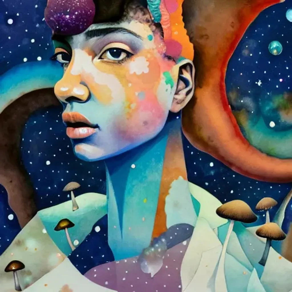 Prompt: Gouache portrait by Ryan Hewett, Beautiful woman with dark brown skin, mushrooms growing out of her hair, hq, fungi, celestial, portrait, victo ngai, moon mushrooms, galaxy, moon, stars 