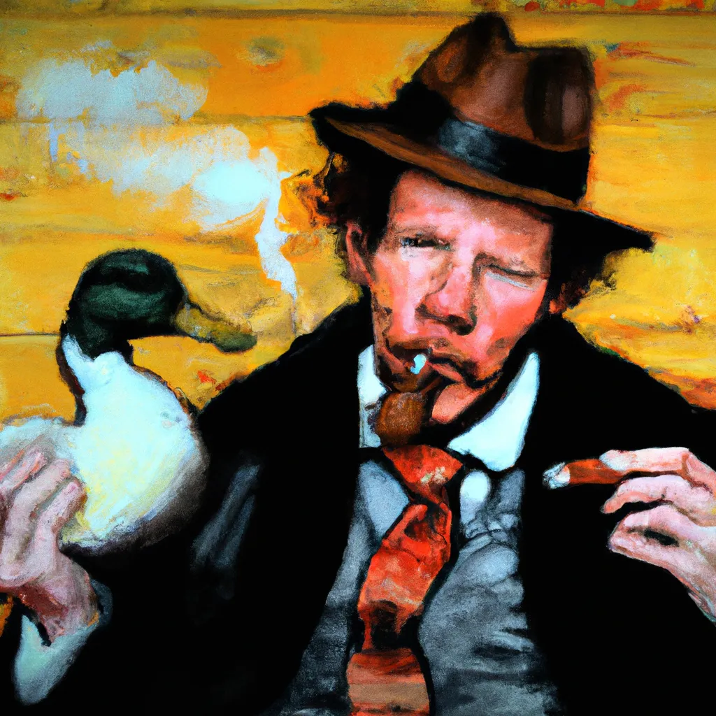 Prompt: oil painting of tom waits smoking cigar with a duck