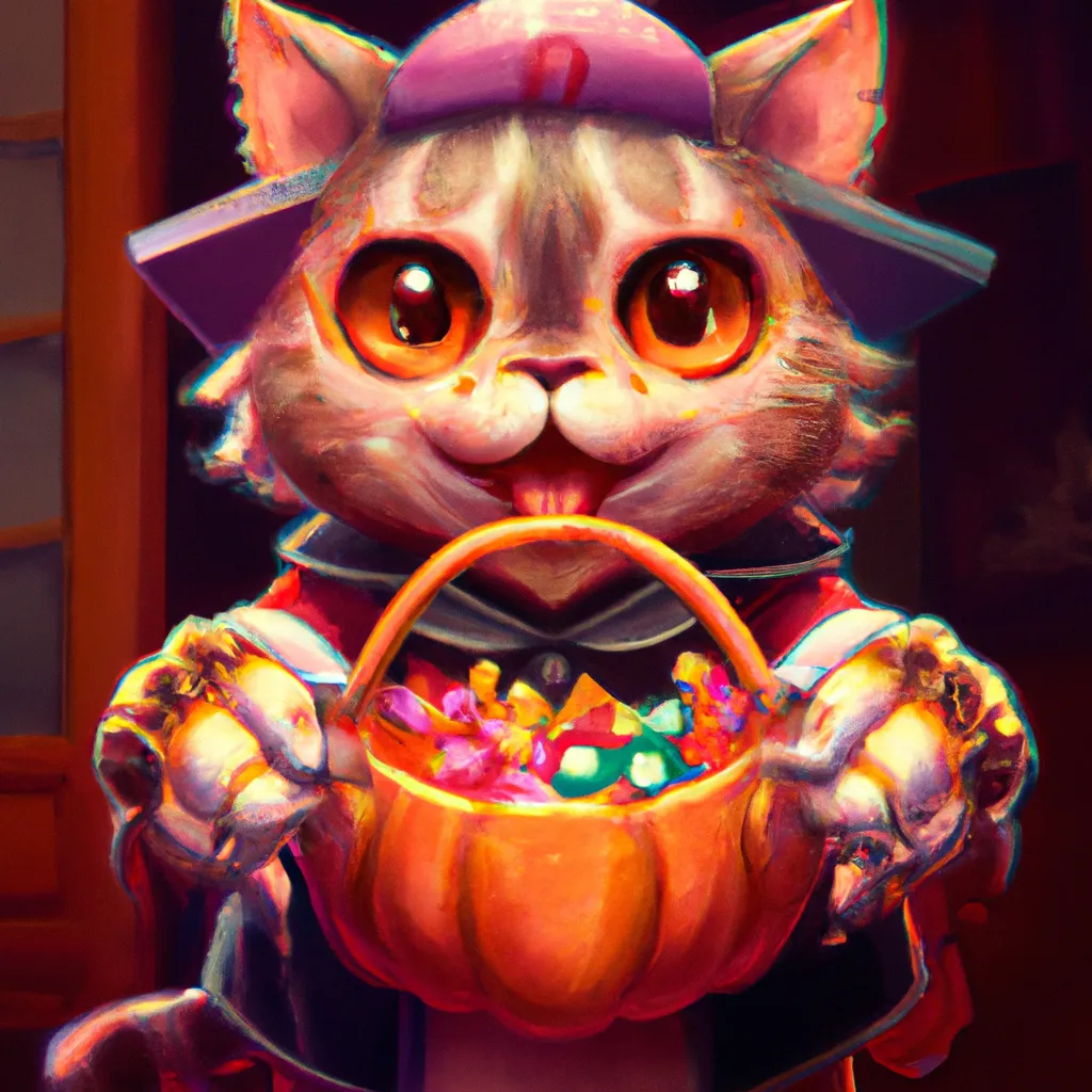 Prompt: An art piece of a cute cat, trick or treating, facing you at your door begging for candy, holding their candy basket, digital Art, perfect composition, beautiful detailed intricate insanely detailed trending on artstation