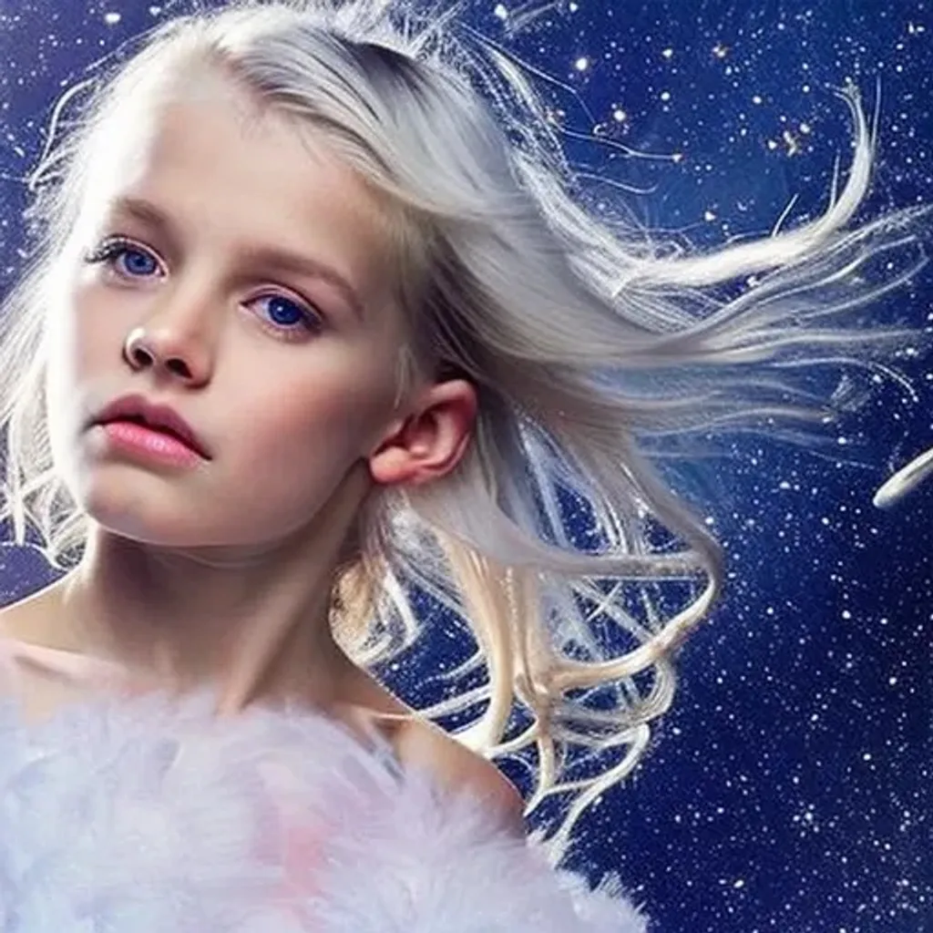 Prompt: cute beautiful {russian} child girl from another civilization and race, dressed in transparent silver clothing and suit on the spaceship, deep {blue eyes} details, {deep blue eyes with light reflections}, Multidimensional reality, parallel worlds, ultra-realistic soft lighting, {smooth soft skin}, sharp eyes, beautiful intricate {white hair}, natural color of lips, symmetrical face, anime wide blue eyes, soft lighting, cute smile, {eyes with reflection}, bright soft light from the behind, {5 fingers with ultra high details and render quality}, {{{ultra high blue eyes render details}}}