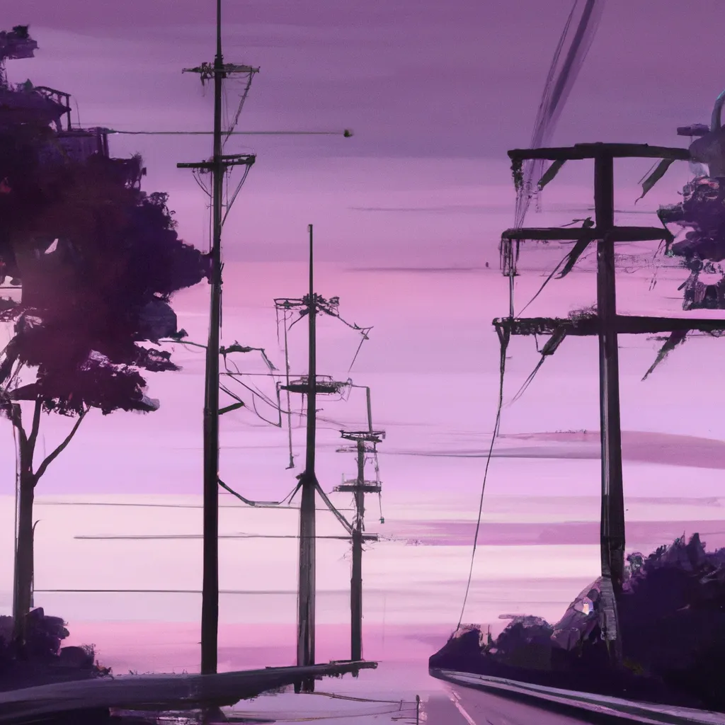 Prompt: a painting of power lines and trees at sunset, a matte painting by Makoto Shinkai, featured on pixiv, american scene painting, anime aesthetic, nightscape, anime