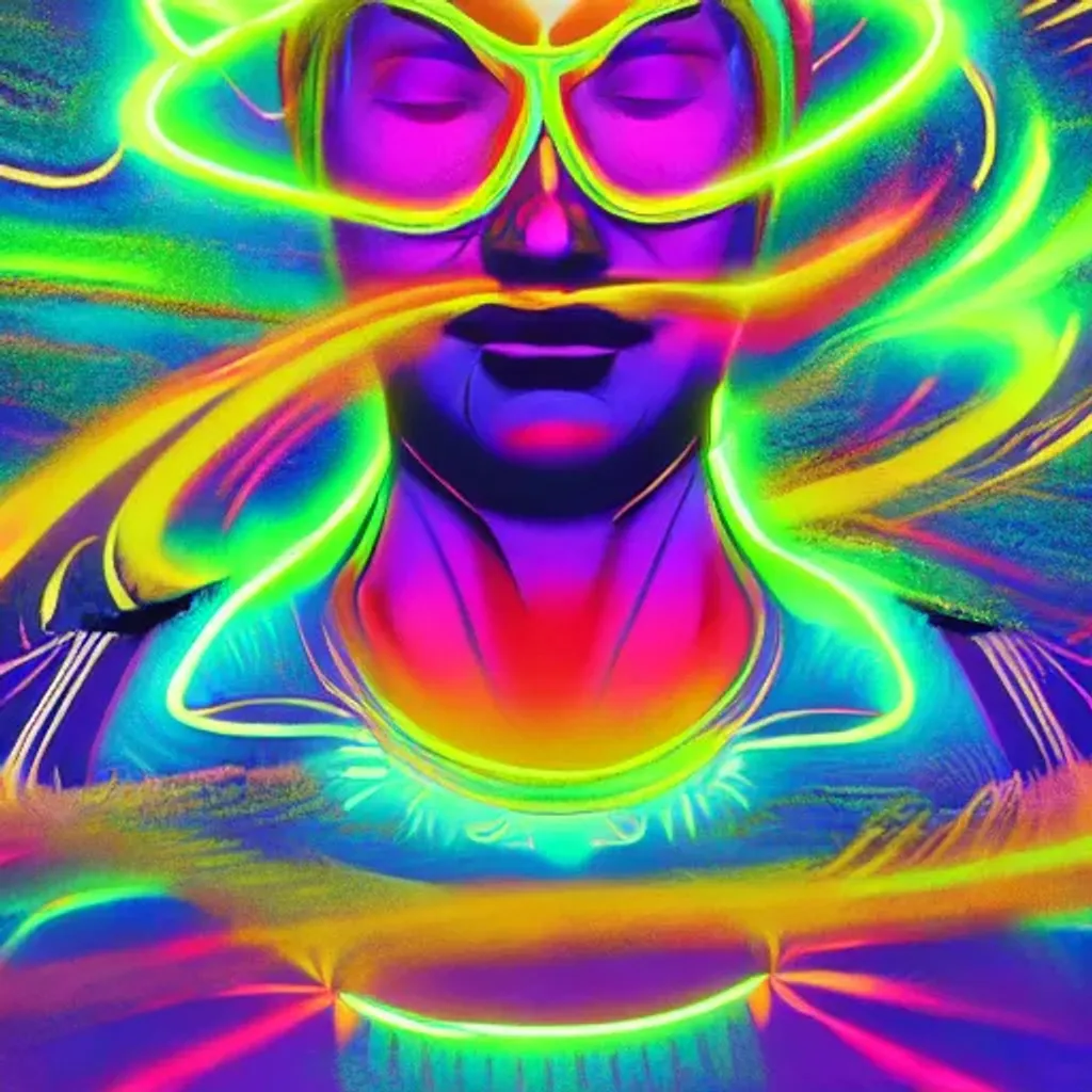 Prompt: Hypnotic illustration of a man, standing character, hypnotic, psychedelic art, pop surrealism, dark glow neon paint, mystical, Behance, 4k, 8k, UHD, professional 