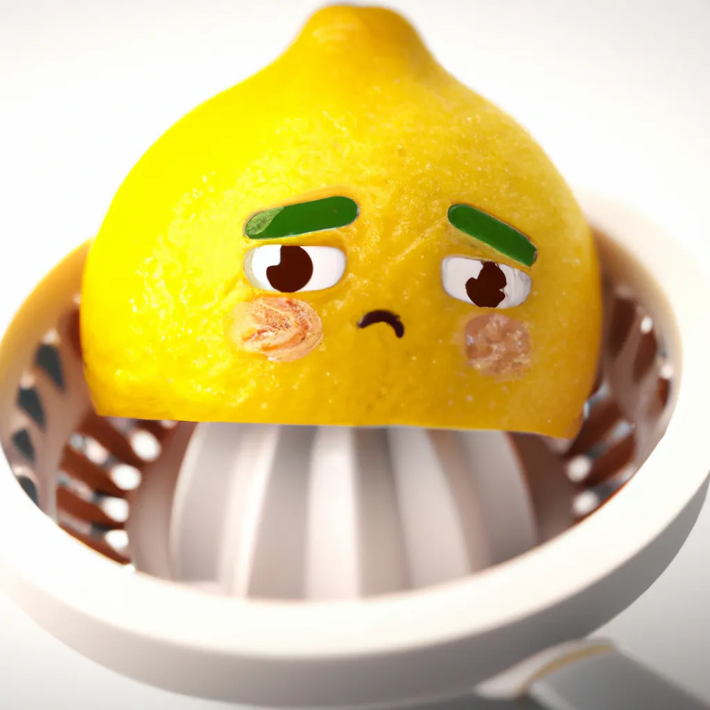 Prompt: a very sweet realistic chibi lemon. half of the lemon is squeezed out, on a big lemon squeezer. and has an sweet worried facial expression. very sharp, photography. Perfect bright Lighting illuminated by Three-point lighting