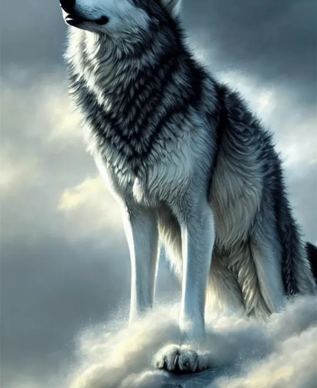 Prompt: splash art of {wolf } with {silver} fur, {clouds}, full body, perfect composition, hyperrealistic, super detailed, 8k, high quality, trending art, trending on artstation, sharp focus, studio photo, intricate details, highly detailed, by greg rutkowski,