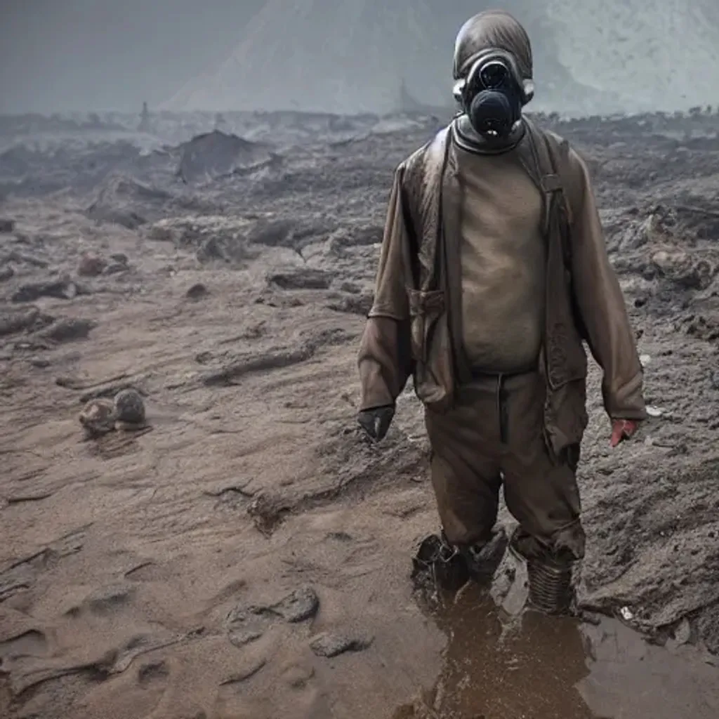 Prompt: undead wearing a gas mask in a destroyed city flooded with lava, post apocalyptic dystopian, volcano
