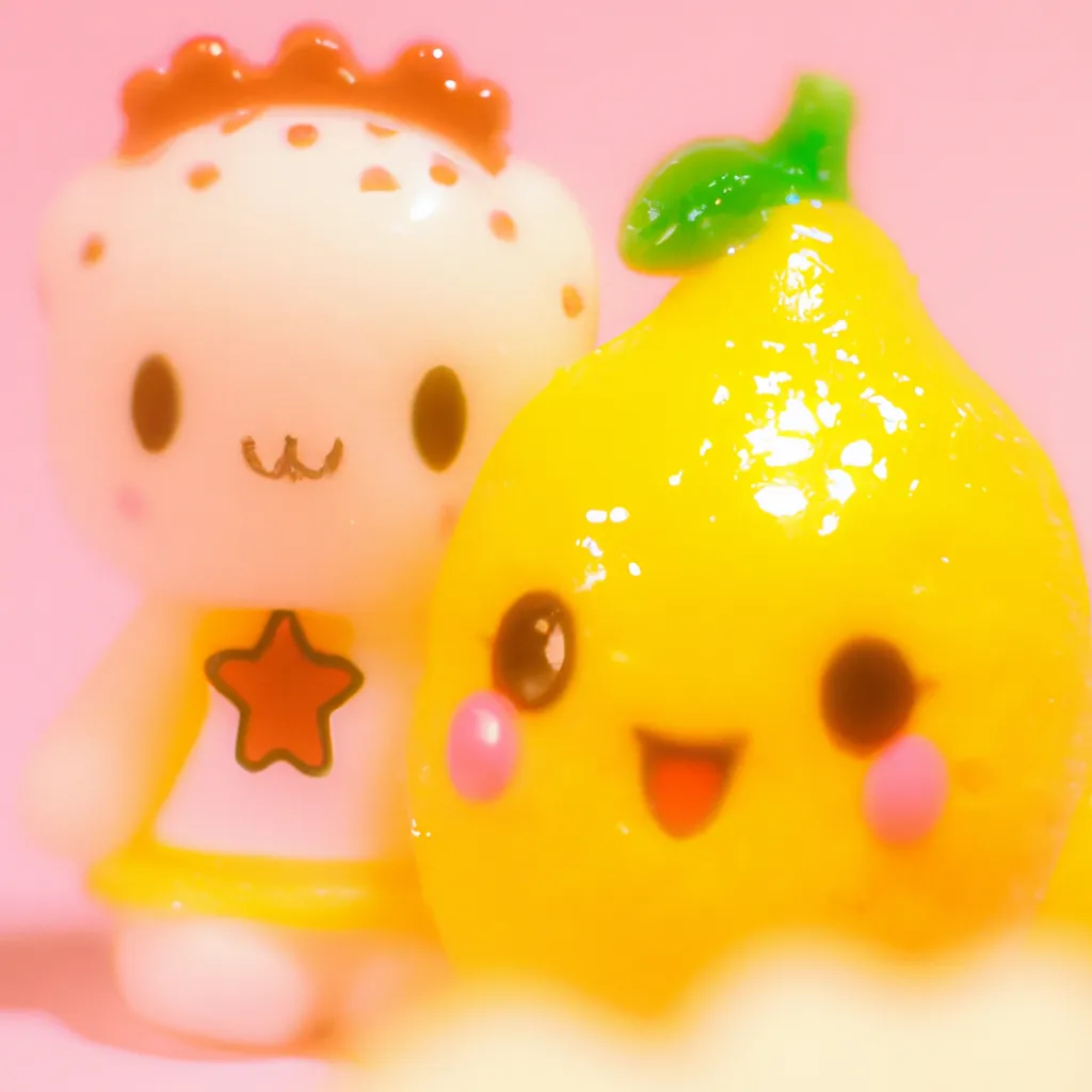 Prompt: A macro 35mm photograph (digital art) from a weird kawaiicore collection of lemon toys. Some of the subjects are distinguished characters knows as My Melody, Rilakkuma, and Pompompurin.