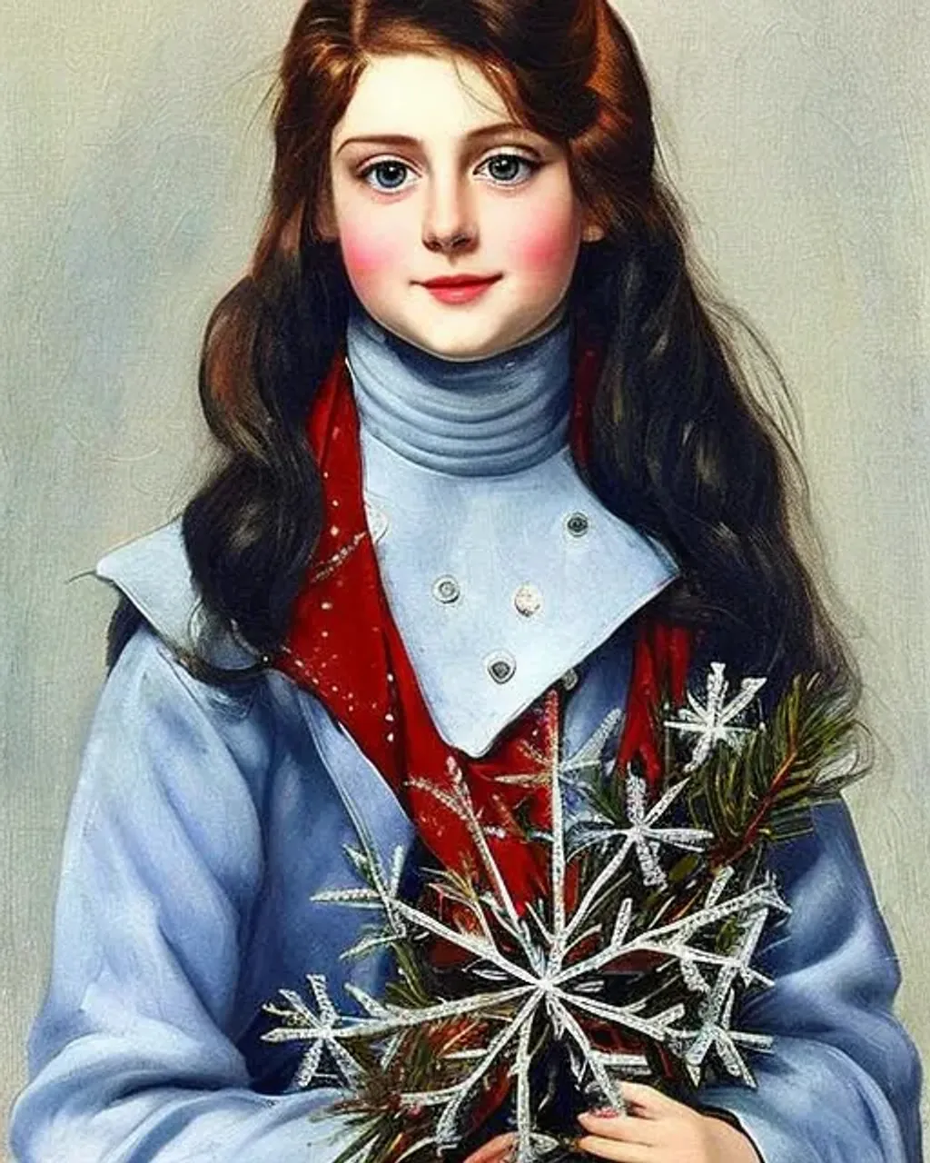 Prompt: Teenager, attractive, elegant, confident, optimistic, smiling, indigo pine red fulvous silver photorealistic beautiful big eyes, heavenly look, highly detailed modern Christmas style clothing, fine skin details ((centered composition)) by Singer Sargent, McNeall Whistler, Winter, snowflakes, poinsettia,  ultra realistic, portrait painting, global illumination, occlusion, volumetric lighting, volumetric mist, sharp focus, narrow DoF, 128K UHD Poser, octane 