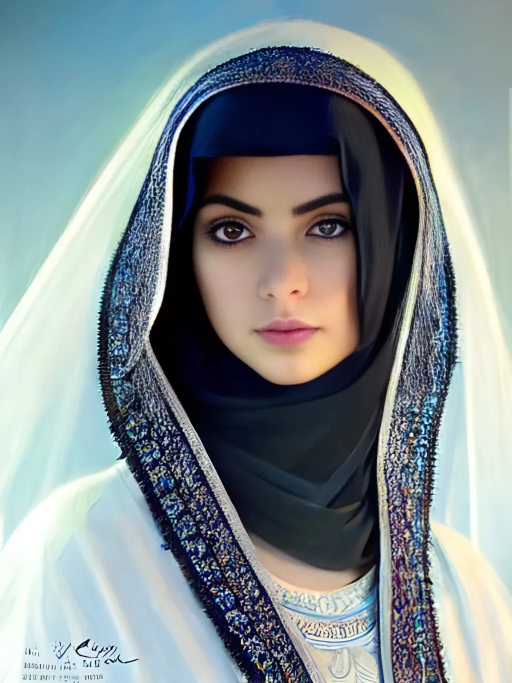 Prompt: a decent, Photorealistic dramatic hyperrealistic,Crystal blue eyes arab ameera al taweel with black hair, white veil,elegant face, , Greek, middle eastern, by WLOP,Artgerm,Greg Rutkowski,Alphonse Mucha, Beautiful dynamic,shadows,Artstation,concept design art,Octane render,8K