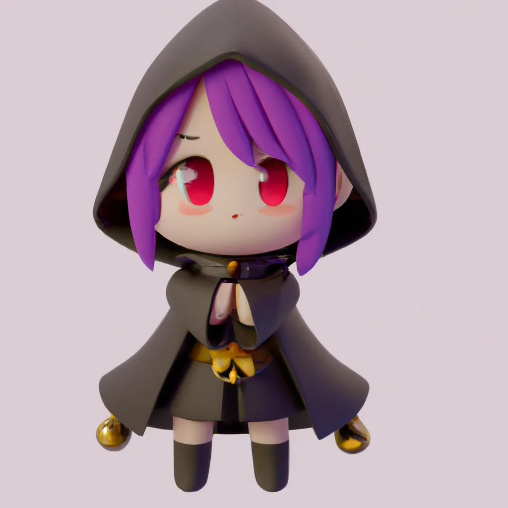 Prompt: a 3d cute octane render of a cute and adorable purple haired female character wearing a black cloak, sticker illustration, cute face, cute and chibi