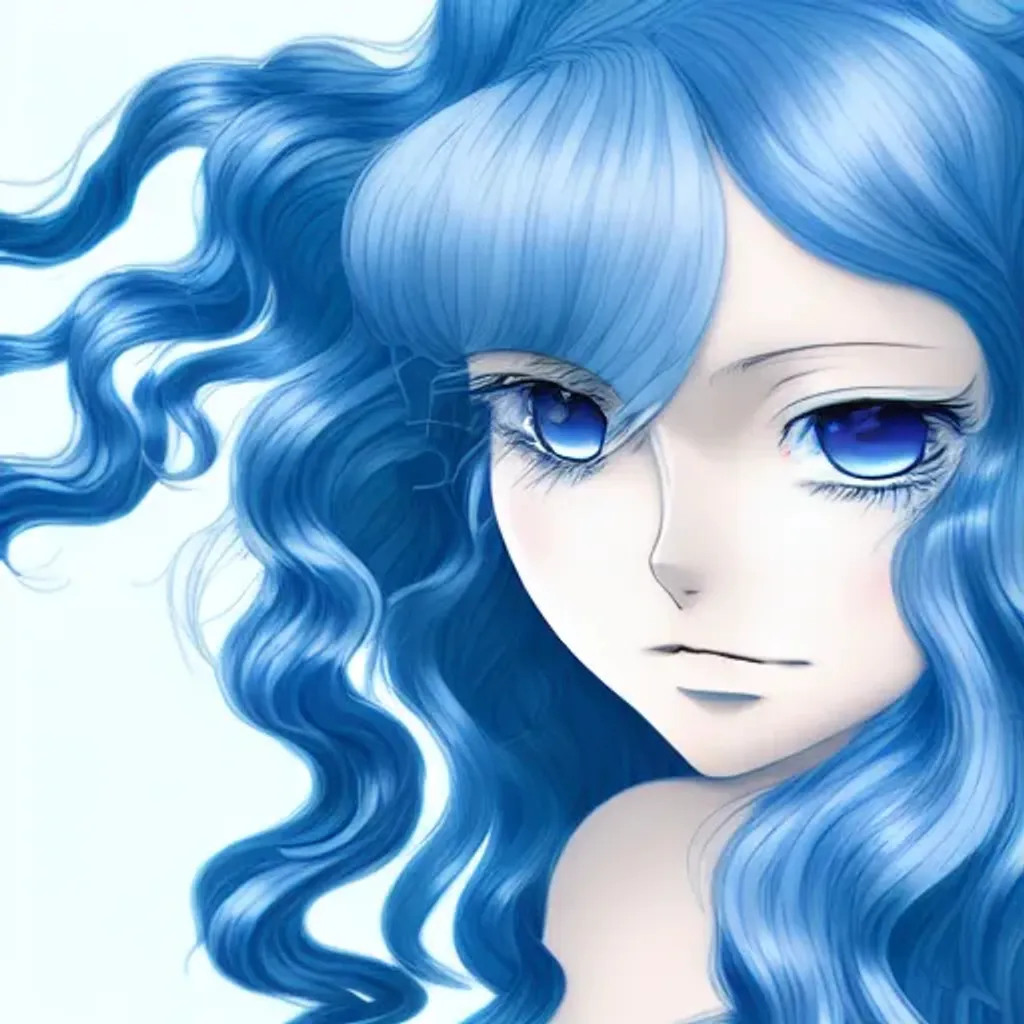 Prompt: anime portrait of a kindly young adult woman with blue eyes and long, beautiful, intricate, wavy, curly, flowing, baby blue hair, cascading ringlets, shimmer in the air,  digital art, looking into camera