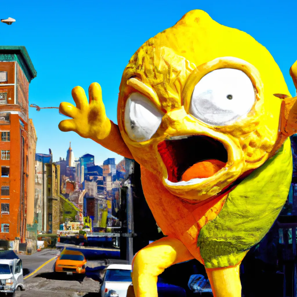 Prompt: Horrifying  Giant Lemon Pixar character attacking city  , Photo realistic immersive , hyper maximalist , photo realism , cinematic , rule of thirds, detailed, extreme detail,Norman Rockwell, Frank Miller , shot with zeiss supreme prime lense 