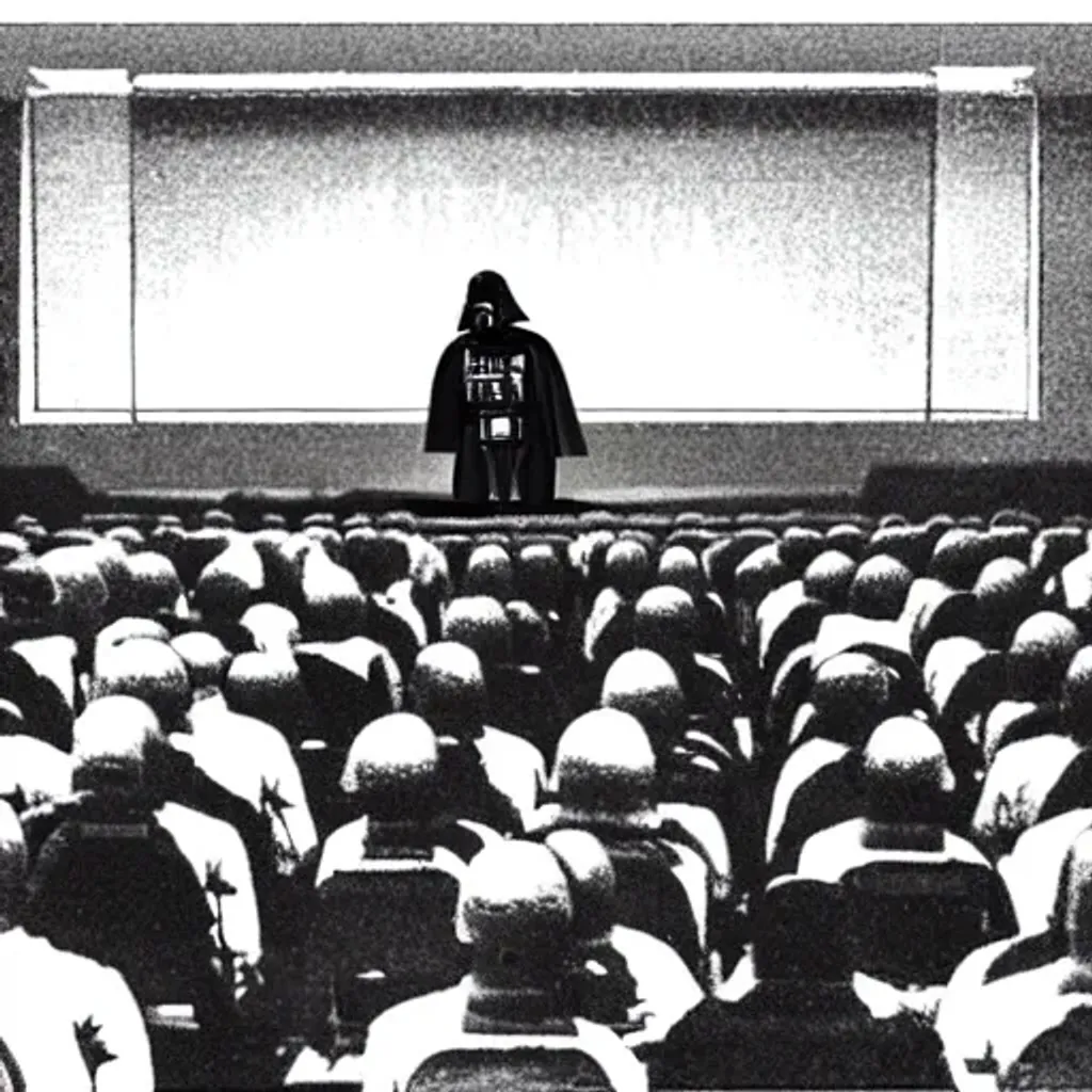 Prompt: A picture of Darth Vader standing at the front in a large lecture hall giving a lecture to drone warriors about the star war