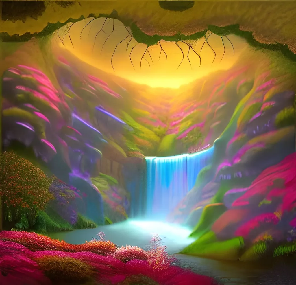 Prompt: A waterfall with colorful flowers, and a sinister hut on middle, centered, symmetry, painted, intricate, volumetric lighting, beautiful, rich deep colors masterpiece, sharp focus, ultra detailed, in the style of dan mumford and marc simonetti, astrophotography