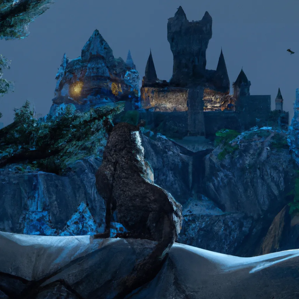 Prompt: dimly lit night shot of a forest with snowy mountains and a castle in the background, a griffin sits on top of a cliff looking at the view, Cybercat 2077, digital Art, perfect composition, beautiful detailed intricate insanely detailed octane render trending on artstation, 8 k artistic photography, photorealistic concept art, chiaroscuro, award - winning photograph, masterpiece, hyper realistic