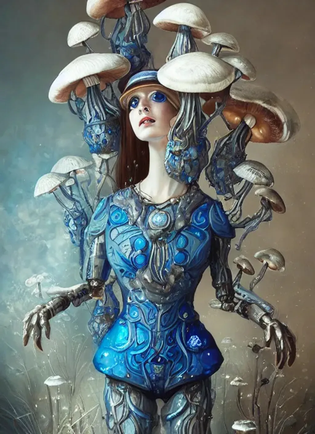 Prompt: Portrait of {edwardian mushroom automaton robot woman} with {blue} hair and with mushrooms, {icy}, perfect composition, hyperrealistic, super detailed, 8k, high quality, trending art, trending on artstation, sharp focus, studio photo, intricate details, highly detailed, by greg Rutkowski, Ryan Hewett 