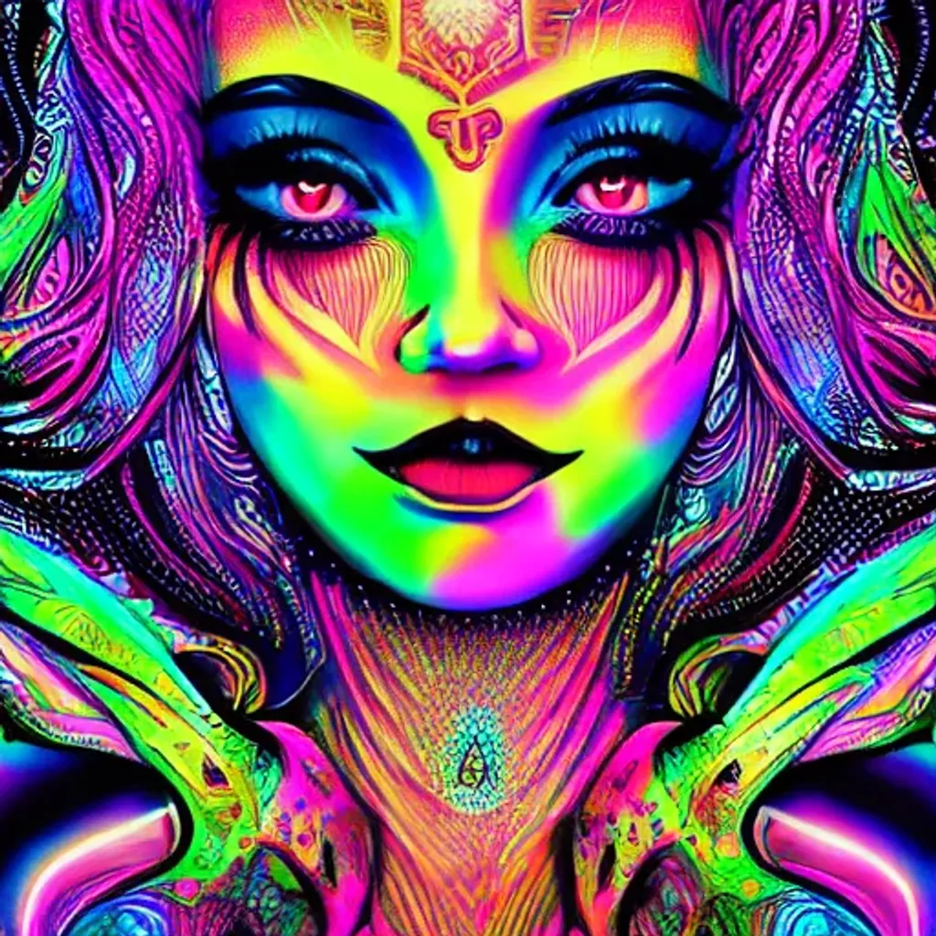 Prompt: Hypnotic illustration of a woman, hypnotic, psychedelic art, pop surrealism, dark glow neon paint, mystical, Behance