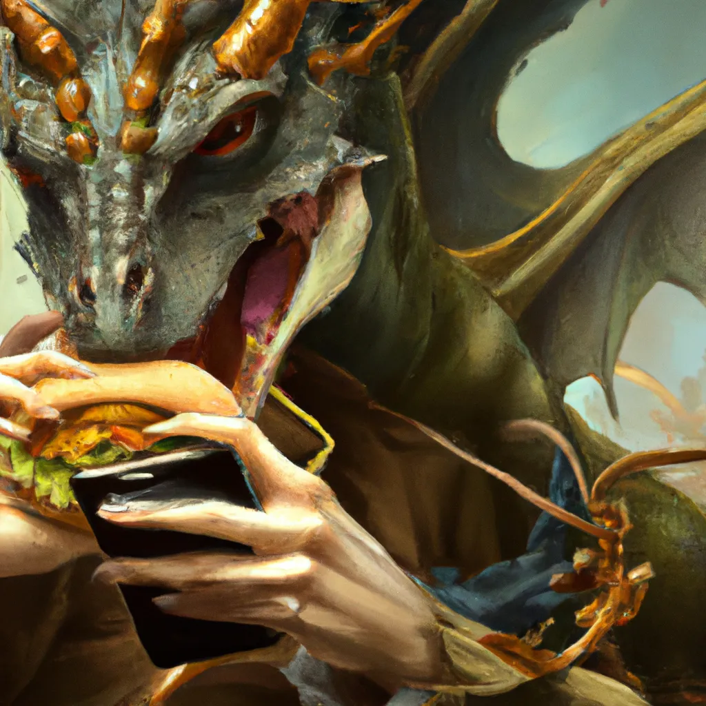 Prompt: A dragon eating a sandwich iphone, oil painting, detailed painting, digital art, trending on artstation, 8k digital art concept art,-life art-life by alphonse mucha