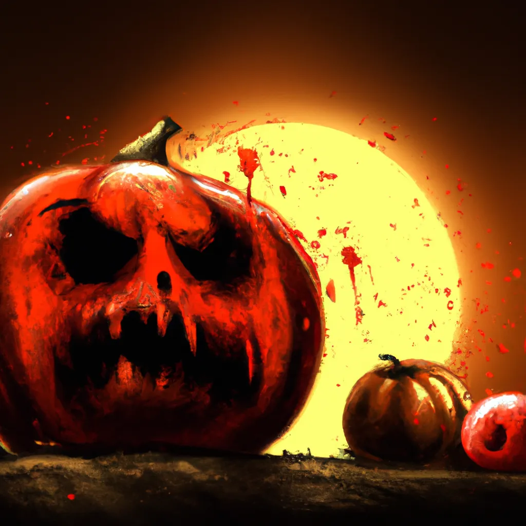 Prompt: Horror evil pumpkin with bleeding eyes and blood pouring out of his mouth. A graveyard in the background and red moon broken in two, highly detail, horror movie color, movie art, digital art