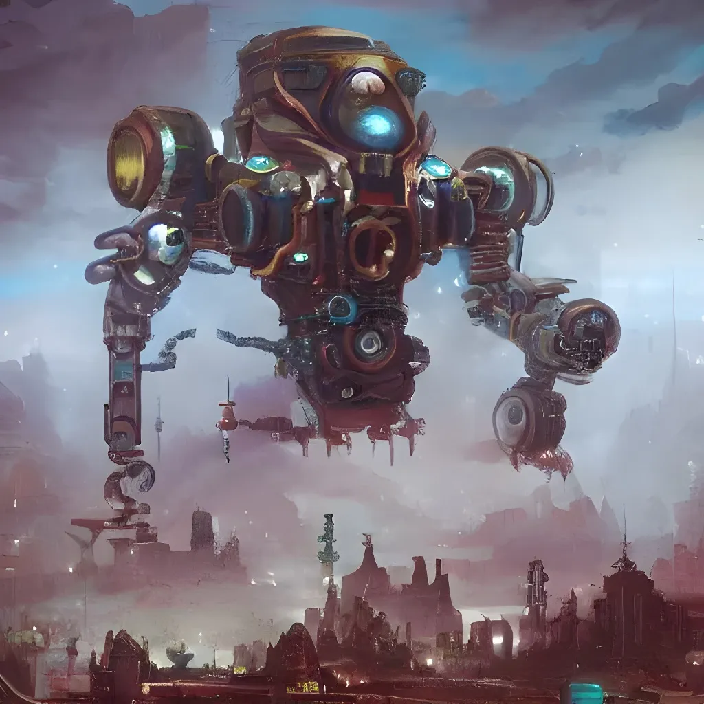 Prompt: giant mechanical robot entity, steampunk, 8k, maximalist, hyper realistic, hyper detailed, hyper maximalist, peter mohrbacher, fog 