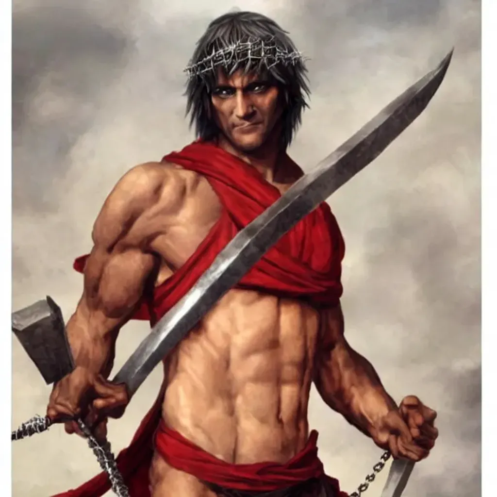 Prompt: Dante was a muscular and athletic man with an experienced knowledge of combat. He had short and brown hair beneath his chain mail and metal crown of thorns. (Though in the film, he was depicted in several different ways by varying his hair's length, body proportions and armor.) He varied from clean shaven to stubble.
In the beginning of the game, he was dressed in traditional Crusader robes, but on the way home to Florence, he removed the robe and sewed a crimson cross-shaped tapestry to his chest. This patch depicted the events and sins of his past as a beginning of repentance for his sins. Dante also wrapped long, trailing and crimson lengths of material around his forearms, each with a small silver crucifix that was attached to the end.
He wore light armor on his arms, shoulders and thighs and a leather holster on his back which he used to sheath Death's Scythe. Throughout the game, he wore canvas breeches and a thick leather belt which holstered Beatrice's Cross.