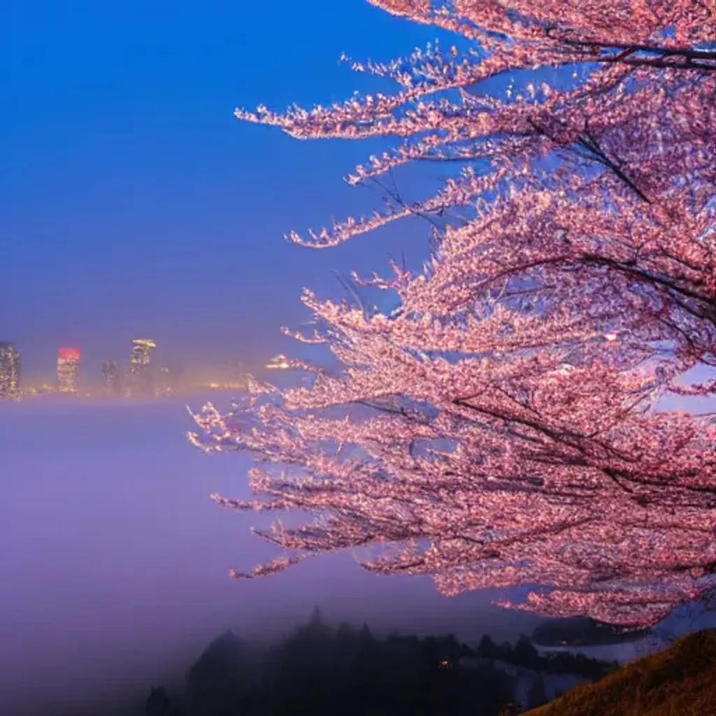 Prompt: mountains and cities covered in cherry blossom, soft light with fog, at night with city and ocean in the distance