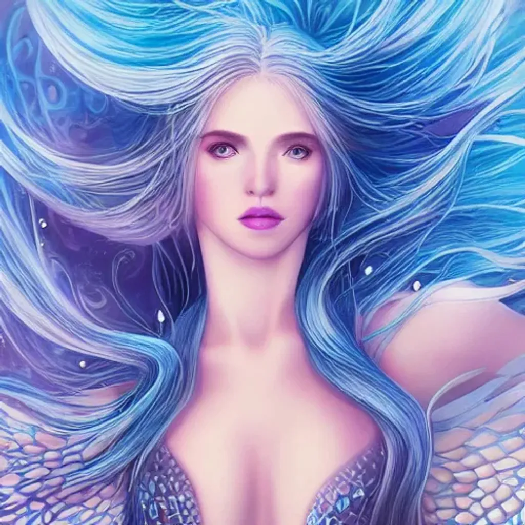 Prompt: highly detailed beautiful female mermaid, beautiful blonde hair, pale skin, blue symmetrical eyes, glowing long tail, luminescent, otherworldly, high fantasy art, iridescent colors, ethereal aesthetic, fashion photography, intricate design, water element, detailed shiny hair, whimsical, atmospheric, dynamic lighting, 