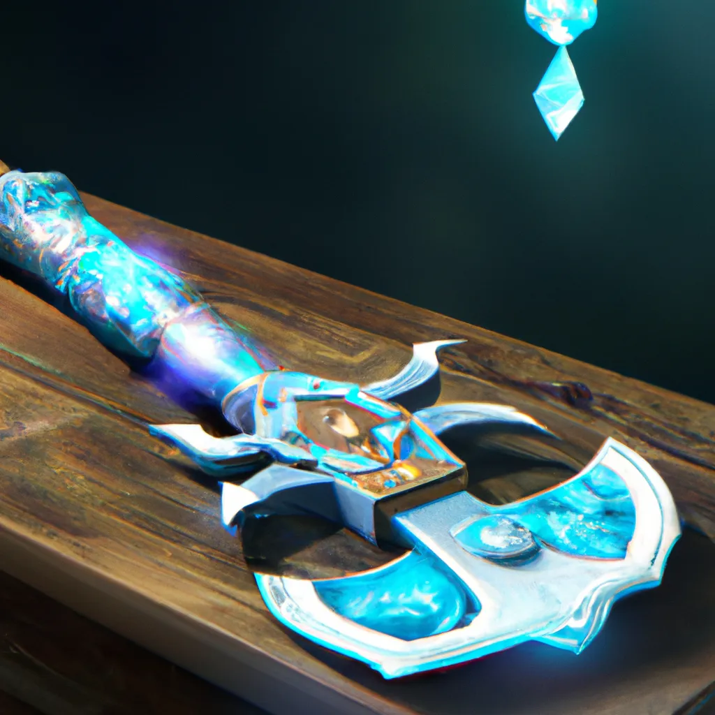 Prompt: Diamond axe on wooden table, digital art