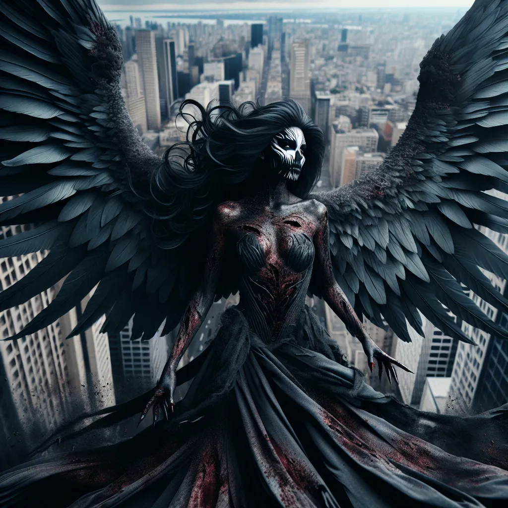 Prompt: Gorgeous, muscular, female, angel of death wearing dark and bloody robes. Ridiculously large wings. Ridiculously long flowing black hair. Flying over the streets of Los Angeles during Armageddon. 