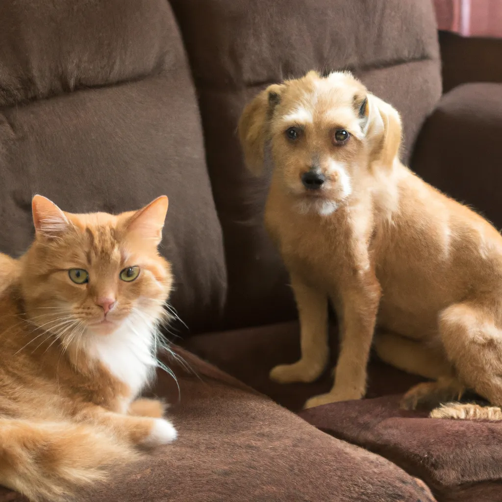 Prompt: A photograph of an orange Tabby cat sitting on the couch next to a dog.