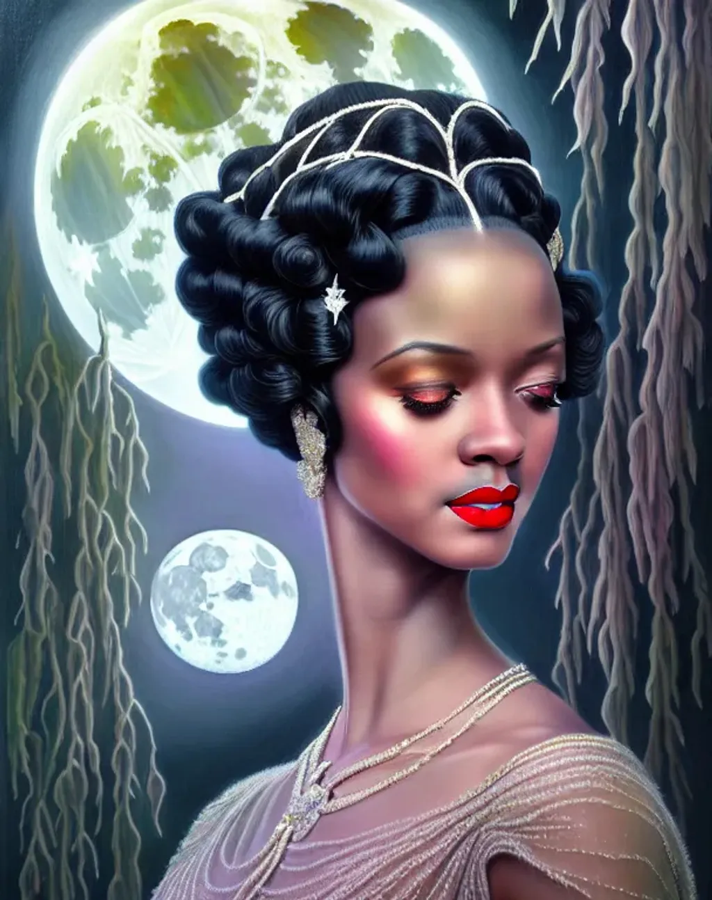 Prompt: An ethereal highly detailed painting of a very beautiful 1930's well to do black woman, evening gown, perfect complexion, gorgeous face,
short whispy hair, award-winning,  Cinematic fantasy atmosphere, weeping willow, full moon, cgi, artgerm