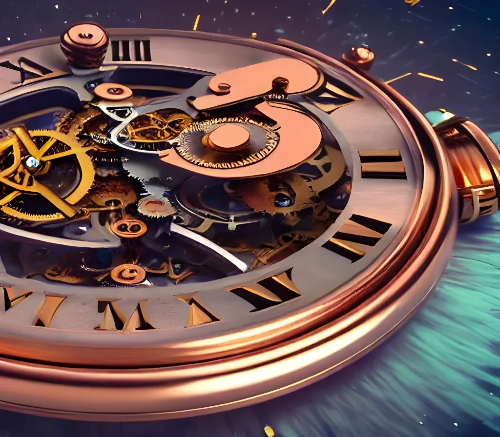 Prompt: multiple steampunk timepieces moving around a copper and stainless plate suspended in outerspace, splash art, uhd, hd octane render, movement, rapid