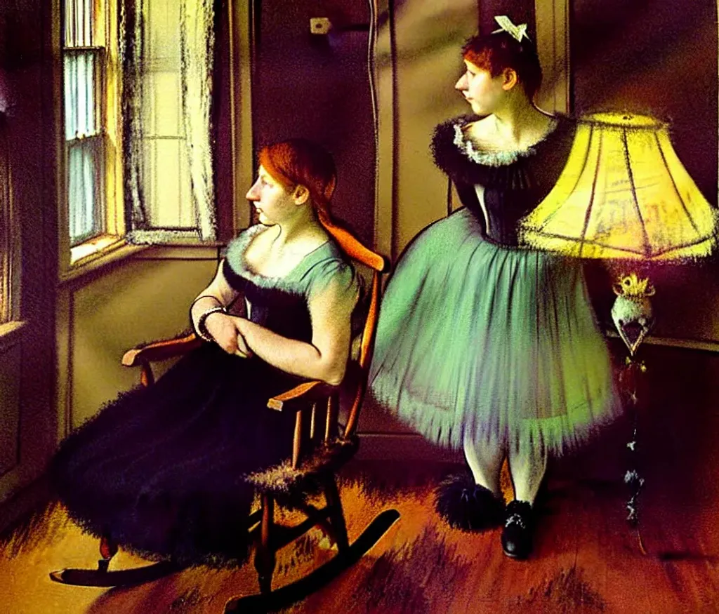 Prompt: painting by Degas woman seated in a rocking chair in a darkened room in a very old Victorian mansion light coming from a very small very ornate wood stove with a warm crackling fire additional hints of light from a full moon light shining in artistically in through a window with tattered curtains, greys light purples, muted browns muted reds, 16k, award-winning cgi 